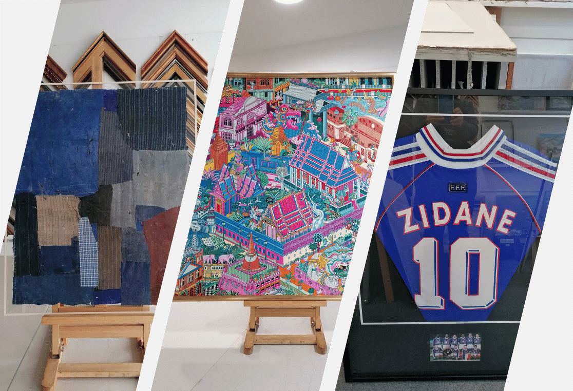 Textiles, foulards et maillots mis en valeur sous cadre